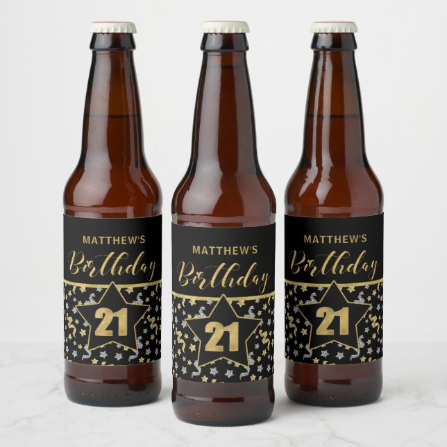 Rótulo Para Garrafa De Cerveja Nome do Tema aniversário de 21 anos Confetti Doura (Garrafas)