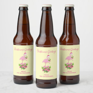Rótulo Para Garrafa De Cerveja O Flamingo Rosa no Natal do Whimsical