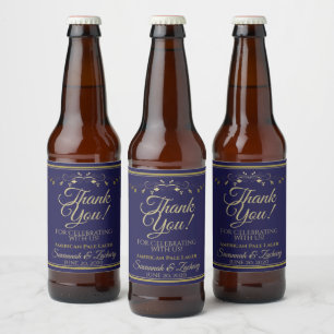 Rótulo Para Garrafa De Cerveja Ouro no obrigado do casamento dos azuis marinhos