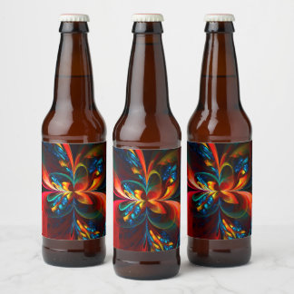 Rótulo Para Garrafa De Cerveja Padrão Azul Laranja-Abstrato Floral Moderno #14