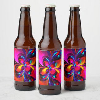 Rótulo Para Garrafa De Cerveja Padrão Azul Vermelho Abstrato Floral Moderno #07
