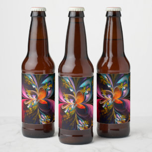 Rótulo Para Garrafa De Cerveja Padrão Azul Vermelho Abstrato Floral Moderno #13