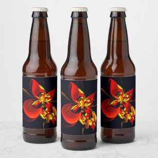 Rótulo Para Garrafa De Cerveja Padrão de Arte Abstrata Floral Amarelo Vermelho Mo