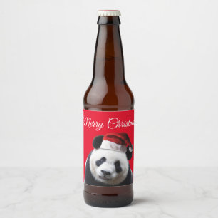 Rótulo Para Garrafa De Cerveja Panda Bear Vestindo um chapéu de Papai Noel no Na