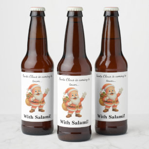 Rótulo Para Garrafa De Cerveja Papai Noel está chegando à cidade.. Com Salami!