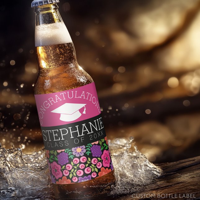 Rótulo Para Garrafa De Cerveja Parabéns Formando Girly Flowers Graduação (Custom Beer Bottle Label with a Graduation Design)