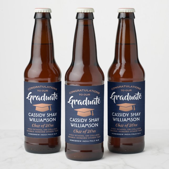 Rótulo Para Garrafa De Cerveja Parabéns pela Formatura Azul Marinho Branco Cobre  (Garrafas)