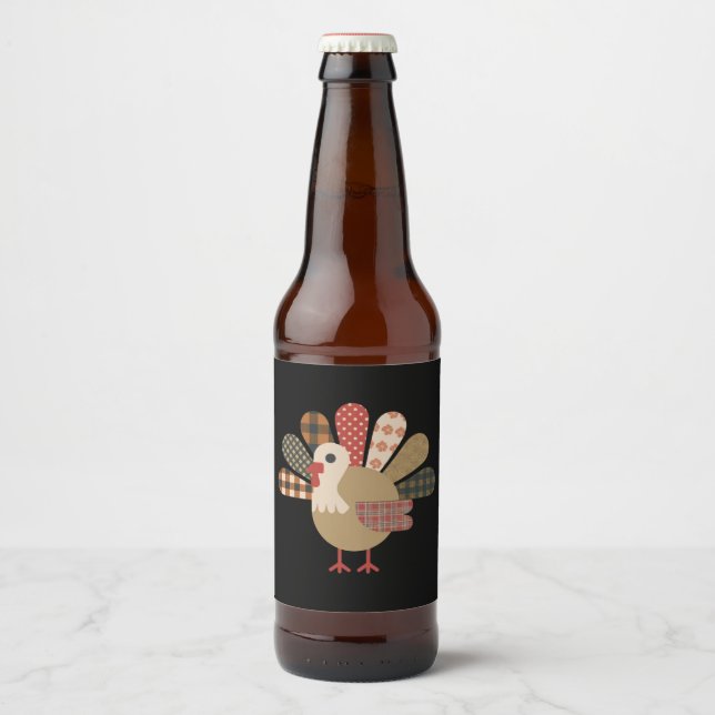 Rótulo Para Garrafa De Cerveja Patchwork QuiltedTurkey Ação de Graças (Frente)