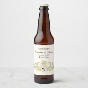 Rótulo Para Garrafa De Cerveja Pavões Vintage Monograma Dourado Falso Marfim BG