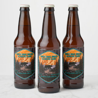 Rótulo Para Garrafa De Cerveja Personalizar Urso Preto Natureza Montanhas Azul