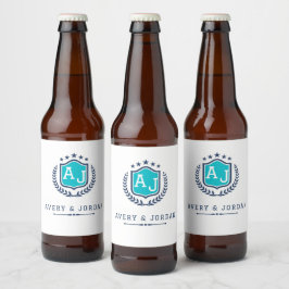 Rótulo Para Garrafa De Cerveja Personalized wite blue Monogram Wedding 
