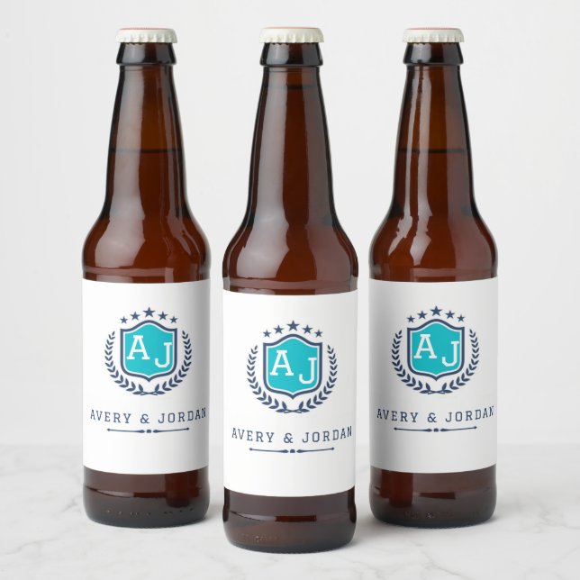 Rótulo Para Garrafa De Cerveja Personalized wite blue Monogram Wedding  (Garrafas)