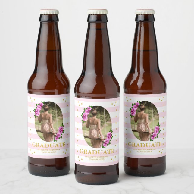 Rótulo Para Garrafa De Cerveja Pink Roses Striped Graduation Brunch (Garrafas)