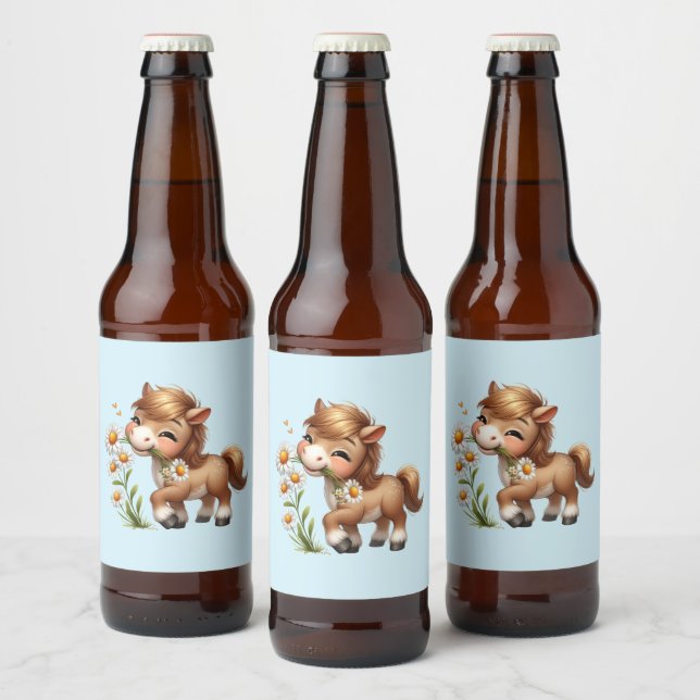Rótulo Para Garrafa De Cerveja Pônei Fofo Comendo Margaridas (Garrafas)