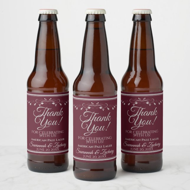 Rótulo Para Garrafa De Cerveja Prata sobre Casamento Burgundy Obrigado (Garrafas)