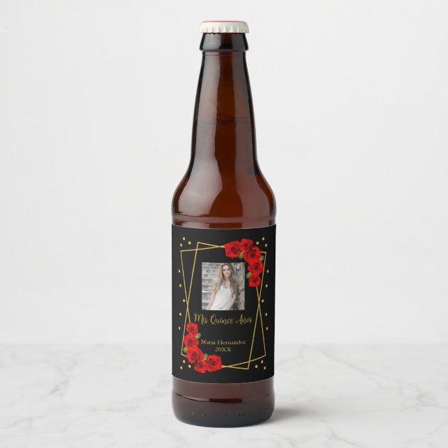 Rótulo Para Garrafa De Cerveja Quinceañera rosa vermelha Preta e Dourada (Frente)