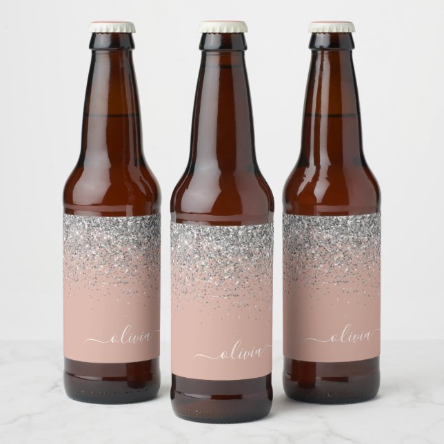 Rótulo Para Garrafa De Cerveja Rapariga do Monograma com rosa Dourado Blush Pink  (Garrafas)