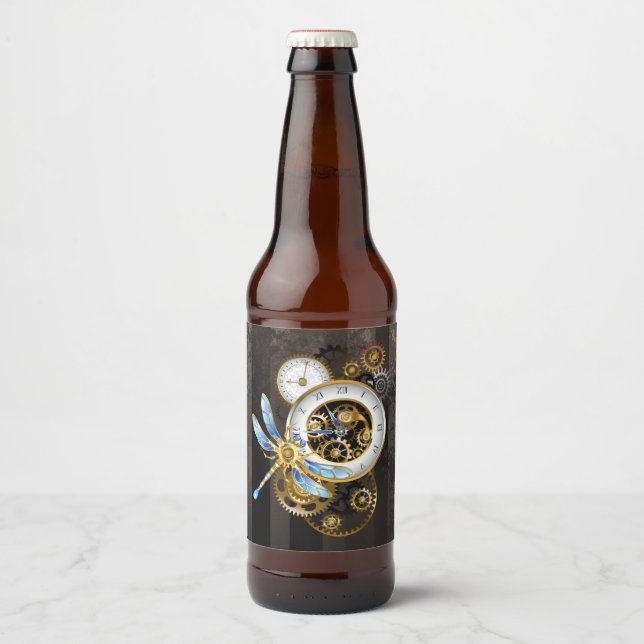 Rótulo Para Garrafa De Cerveja Relógio Steampunk com Dragonfly Mecânica (Frente)