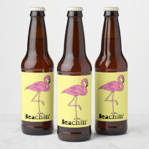 Rótulo Para Garrafa De Cerveja Retro Beach Sunny Beachin' rosa flamingo
