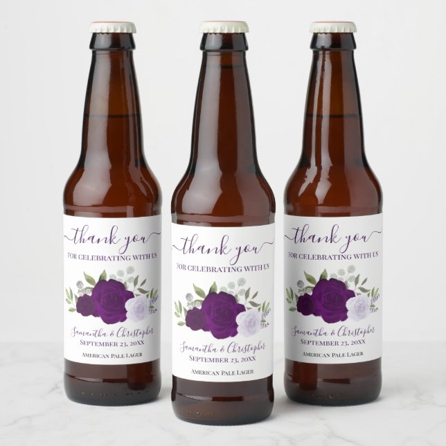 Rótulo Para Garrafa De Cerveja Rosa De Boho Elegante Roxo Plum Obrigado (Garrafas)