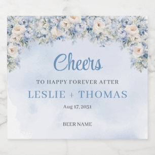 Rótulo Para Garrafa De Cerveja Rosas de cor aquosa, azul e marfim, eucalipto