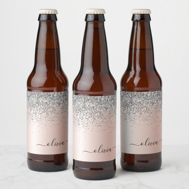 Rótulo Para Garrafa De Cerveja Rose Gold - Blush Pink Silver Glitter Monogram (Garrafas)