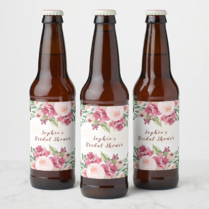 Rótulo Para Garrafa De Cerveja Rubor Nupcial Rosa Floral de Aquarela Brilhante