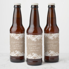 Rótulo Para Garrafa De Cerveja Rustic Burlap e Lace Wedding
