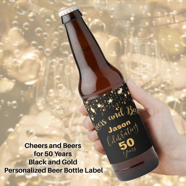 Rótulo Para Garrafa De Cerveja Saúde e Cervejas por 50 anos de preto e Dourado (Cheers and Beers for 50 Years Black and Gold Beer Bottle Label)