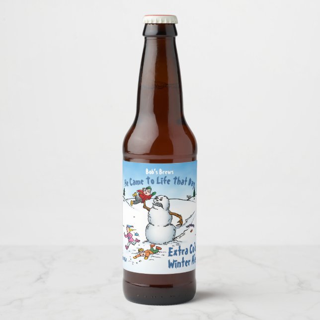 Rótulo Para Garrafa De Cerveja Snowman Ataca Cartoon Engraçado (Frente)