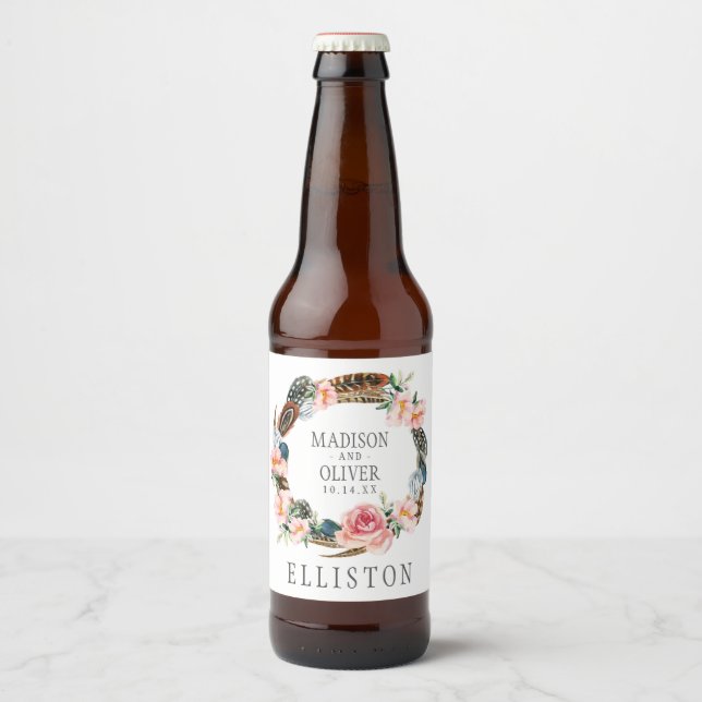 Rótulo Para Garrafa De Cerveja Solha Floral de Aquarela com Penas | Casamento (Frente)