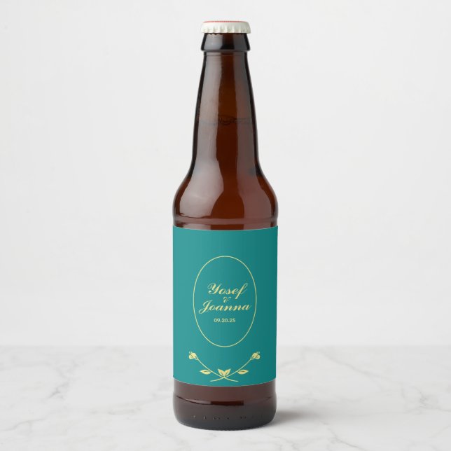 Rótulo Para Garrafa De Cerveja Teal e Dourado Casamento (Frente)