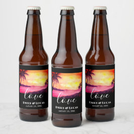 Rótulo Para Garrafa De Cerveja Tema de Casamento Praia Tropical Cores Solares