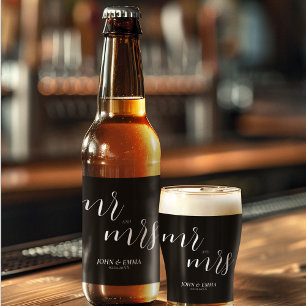 Rótulo Para Garrafa De Cerveja Tema Elegante de Casamento Negro e Branco
