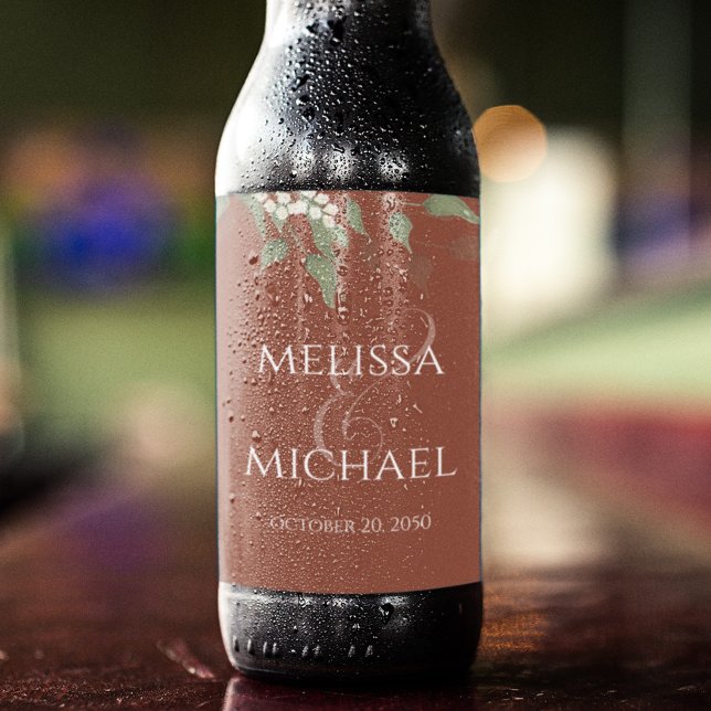 Rótulo Para Garrafa De Cerveja Terracotta Wedding Beer Label Personalizado (Terracotta elegant greenery calligraphy ampersand beer bottle label.)