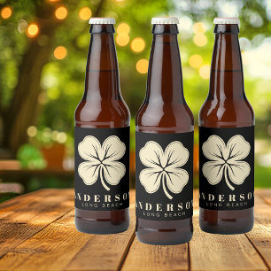 Rótulo Para Garrafa De Cerveja Trevo de Quatro Folhas Irlandês Sortudo com Preto