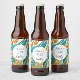 Rótulo Para Garrafa De Cerveja Turquesa Laranja de Aniversário Personalizada
