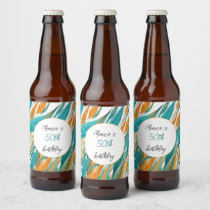 Rótulo Para Garrafa De Cerveja Turquesa Laranja de Aniversário Personalizada
