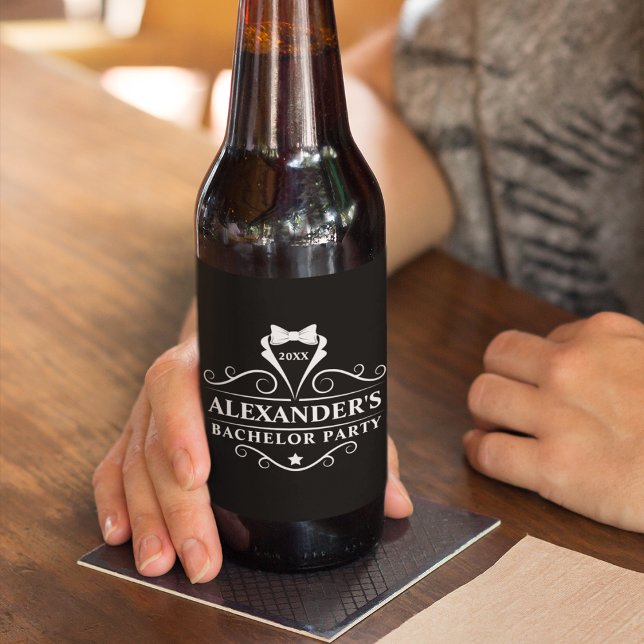 Rótulo Para Garrafa De Cerveja Tuxedo Tie Tie Black, Partido de Despedida (Customize to change background color, text size or text style.)