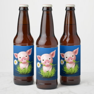 Rótulo Para Garrafa De Cerveja Um porco rosa com grama verde sobre azul