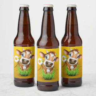 Rótulo Para Garrafa De Cerveja Vaca de Jersey em grama sobre amarelo