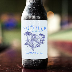Rótulo Para Garrafa De Cerveja Vaqueira Sereia de Aniversário Festa Azul Costeira