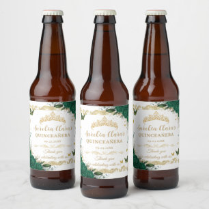 Rótulo Para Garrafa De Cerveja Vintage Floral Verde Esmeralda Quinceañera Dourada