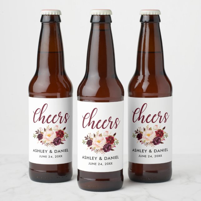 Rótulo Para Garrafa De Cerveja Watercolor Floral Burgundy Weders Cheers (Garrafas)
