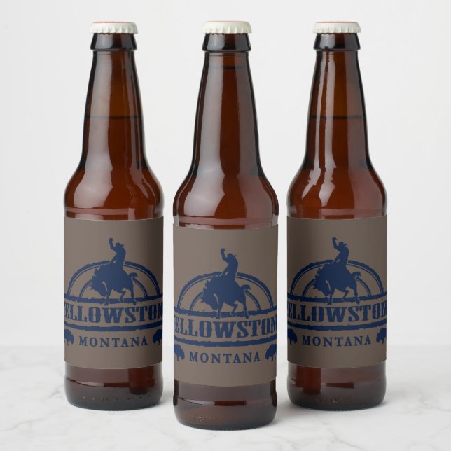 Rótulo Para Garrafa De Cerveja Yellowstone Montana com um Cowboy, Cavalo, Buffalo (Garrafas)