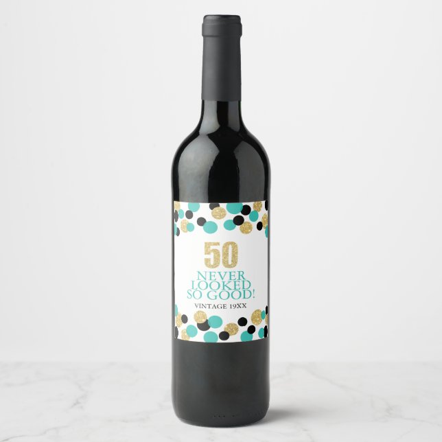 Rótulo Para Garrafa De Vinho 50º Aniversário com Glitter Dourado Teal Confetti (Frente)