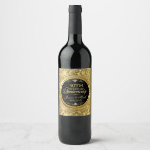 Rótulo Para Garrafa De Vinho 50th Damascos pretos & Dourados 2 do aniversário