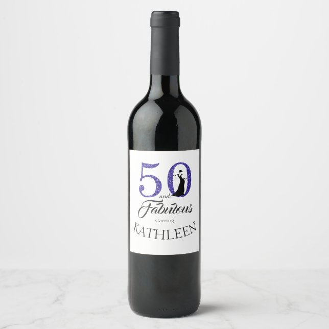 Rótulo Para Garrafa De Vinho Blue 50 e Fabuloso nome personalizado de Festa de  (Frente)