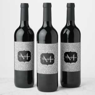 Rótulo Para Garrafa De Vinho Brilho de luz cinza prateado Monograma
