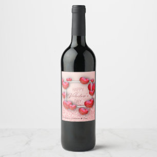 Rótulo Para Garrafa De Vinho Brilho vermelho dos corações do dia dos namorado